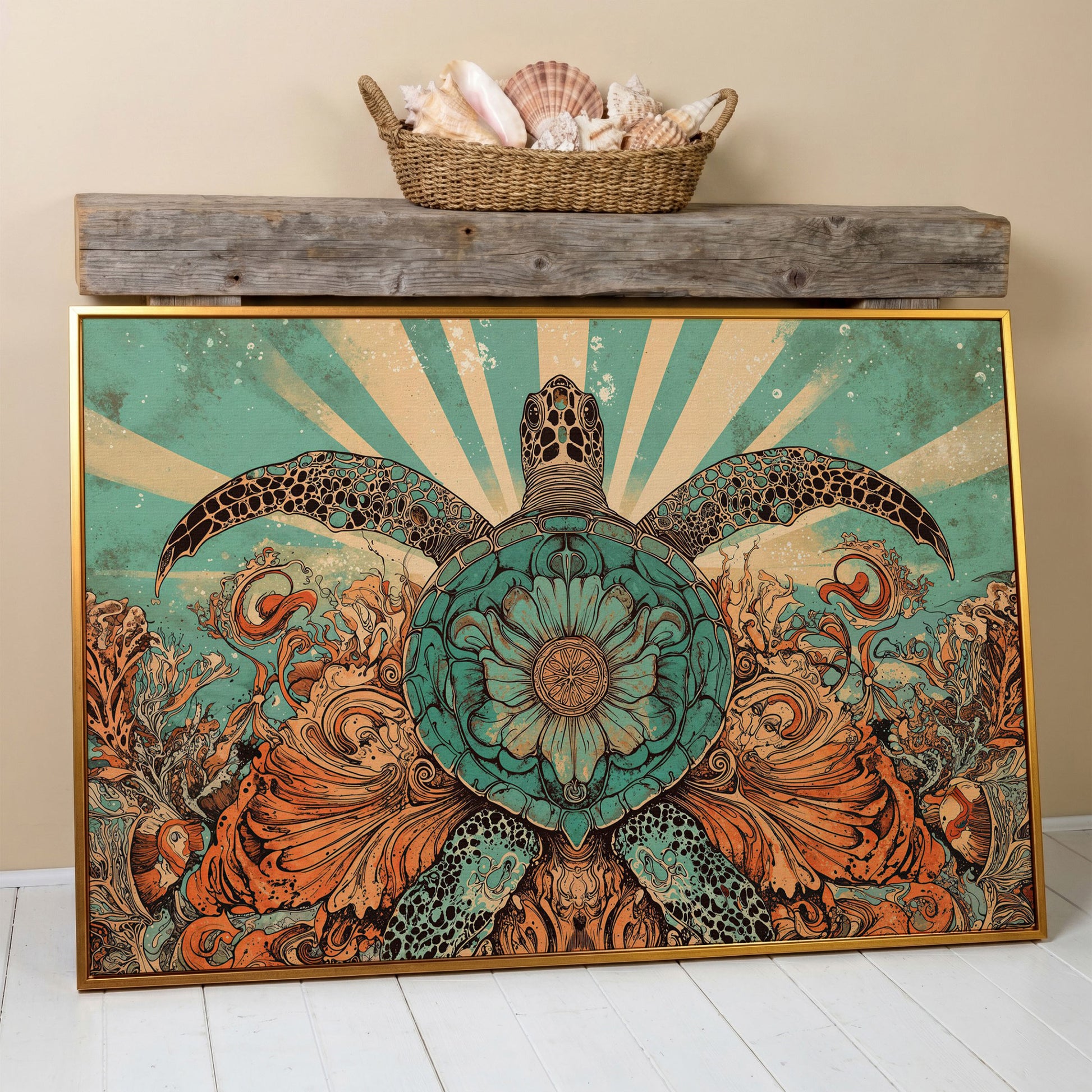 Sea Turtle with Floral Shell Canvas Wall Art, Ocean Life Print in antique gold floating frame