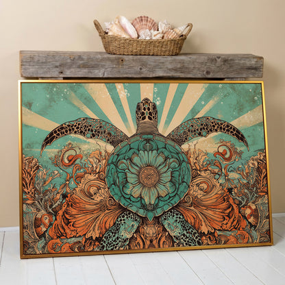 Sea Turtle with Floral Shell Canvas Wall Art, Ocean Life Print in antique gold floating frame