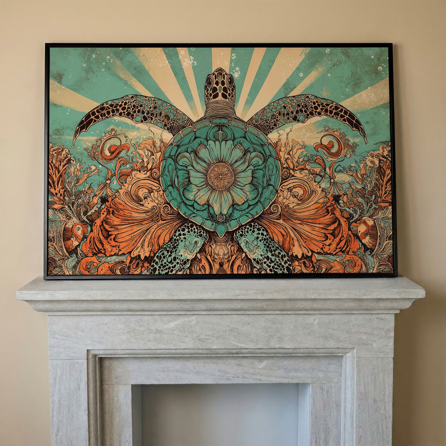 Sea Turtle with Floral Shell Canvas Wall Art, Ocean Life Print in black floating frame