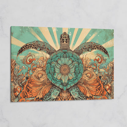 Sea Turtle with Floral Shell Canvas Wall Art, Ocean Life Print on gallery wrap