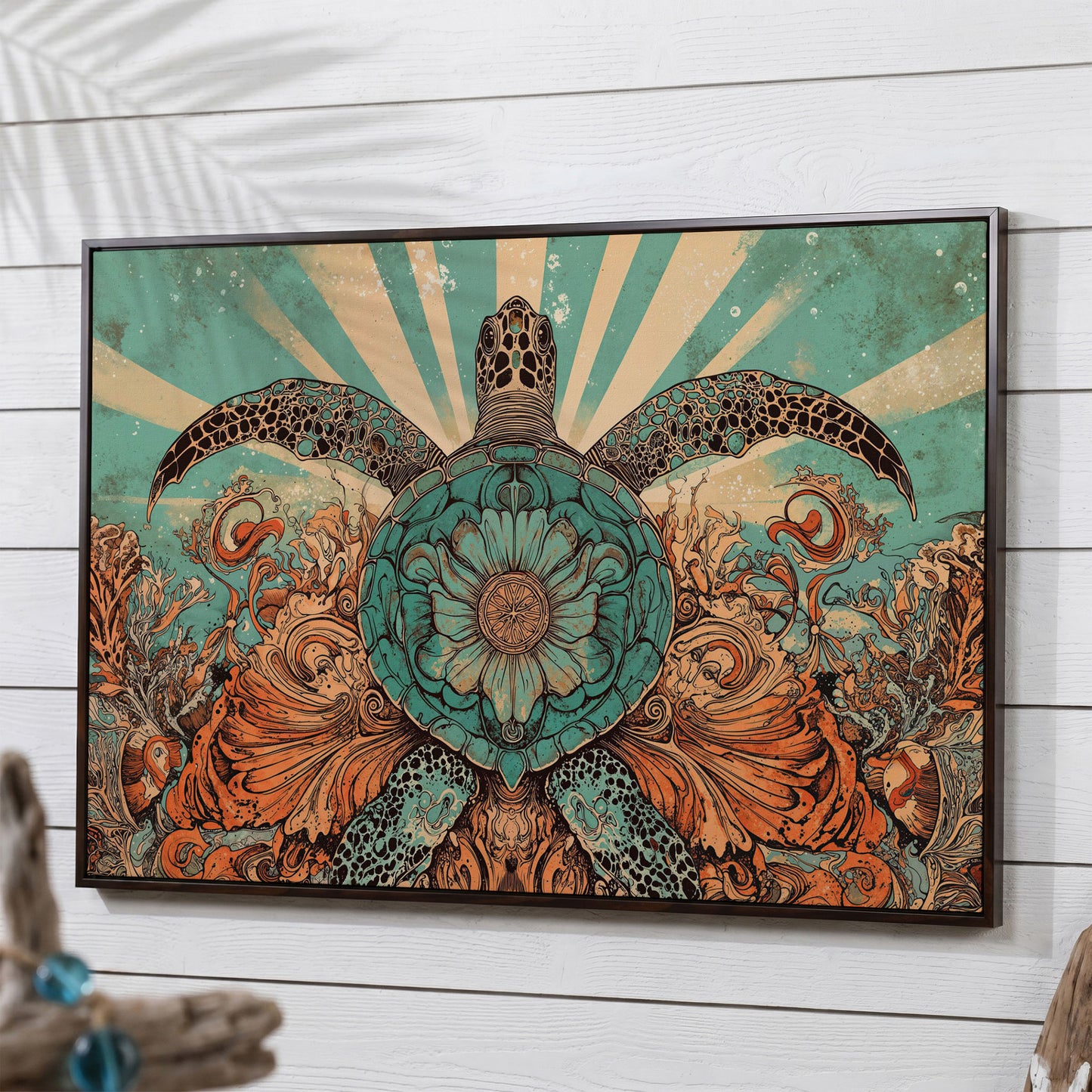Sea Turtle with Floral Shell Canvas Wall Art, Ocean Life Print in dark walnut floating frame