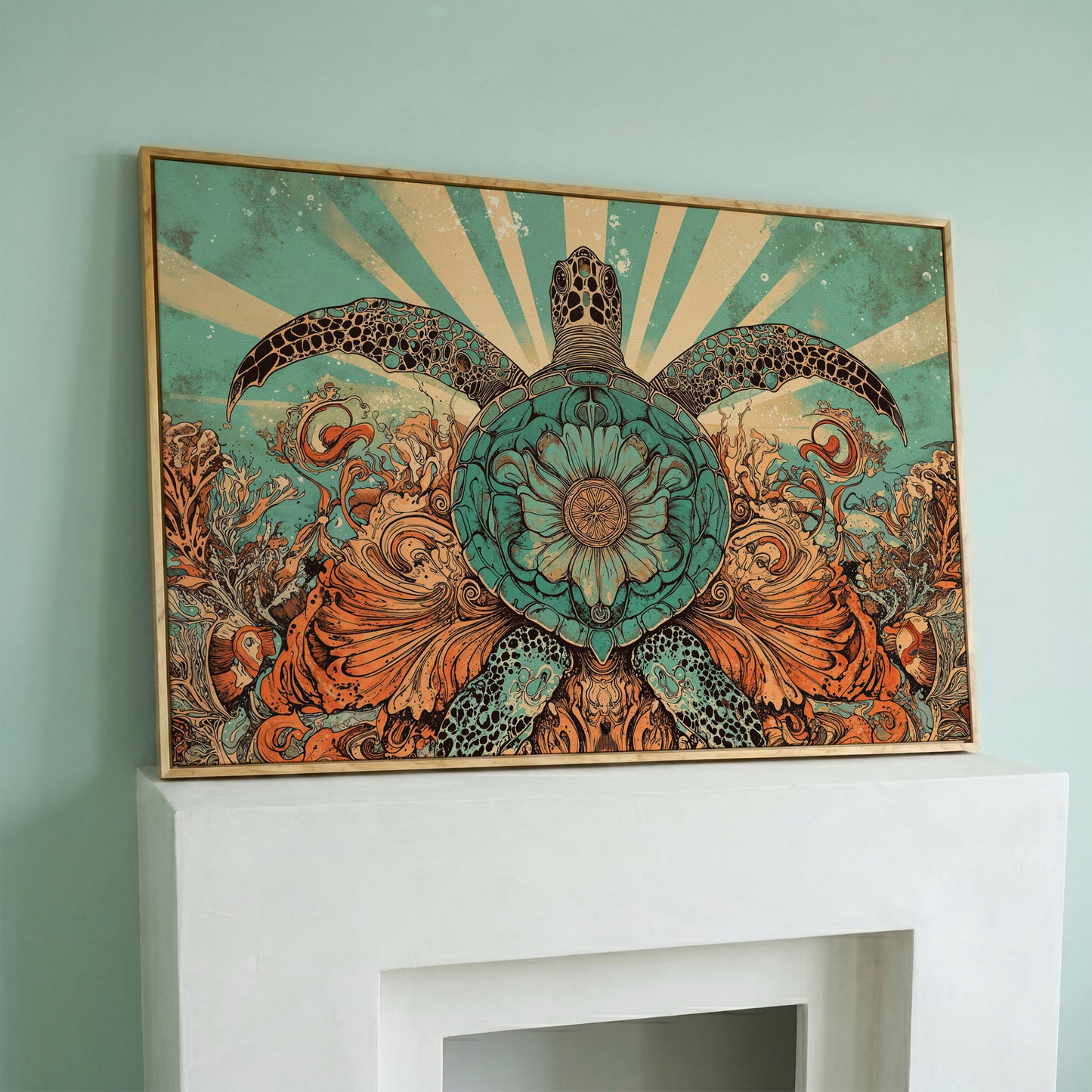 Sea Turtle with Floral Shell Canvas Wall Art, Ocean Life Print in white oak floating frame