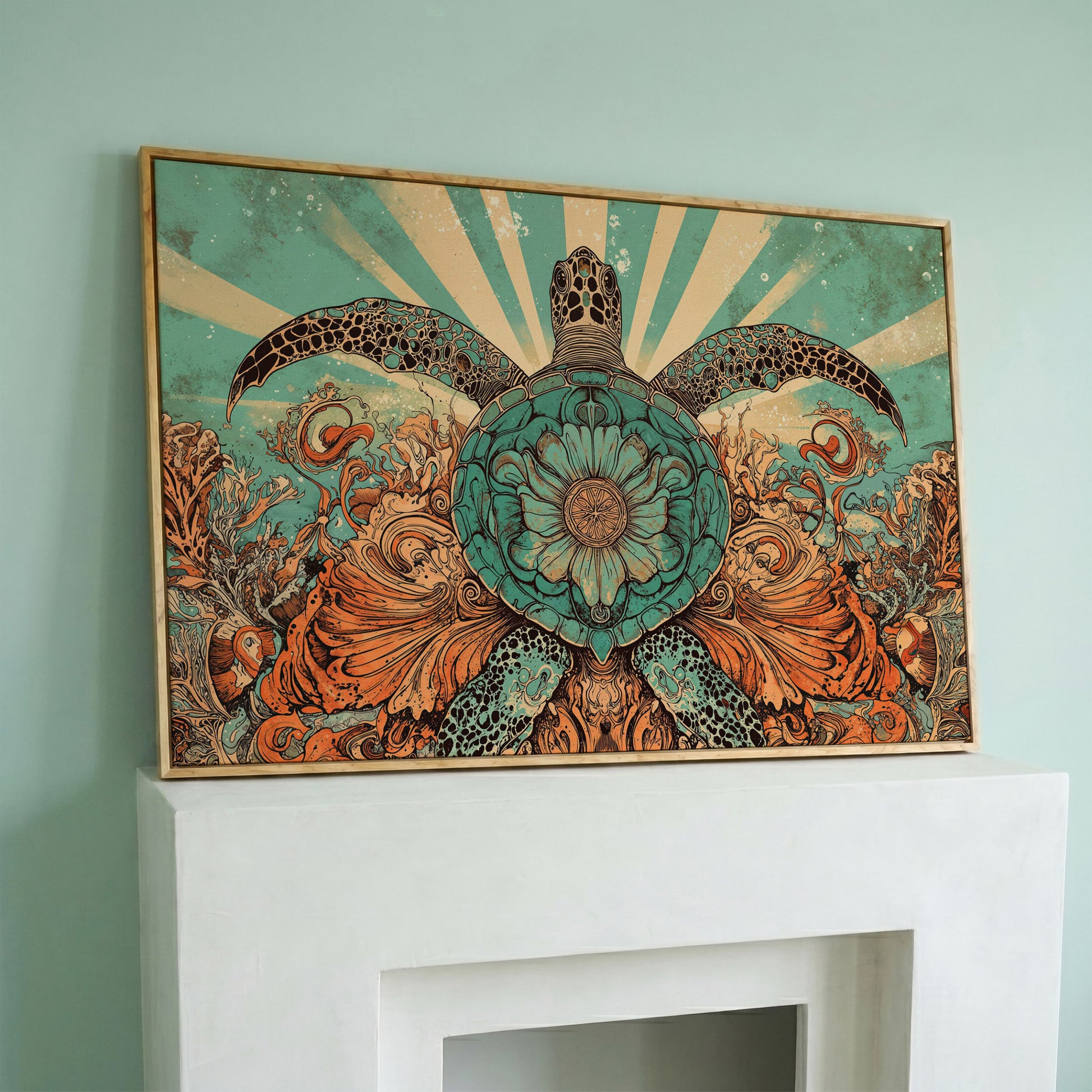 Sea Turtle with Floral Shell Canvas Wall Art, Ocean Life Print in white oak floating frame
