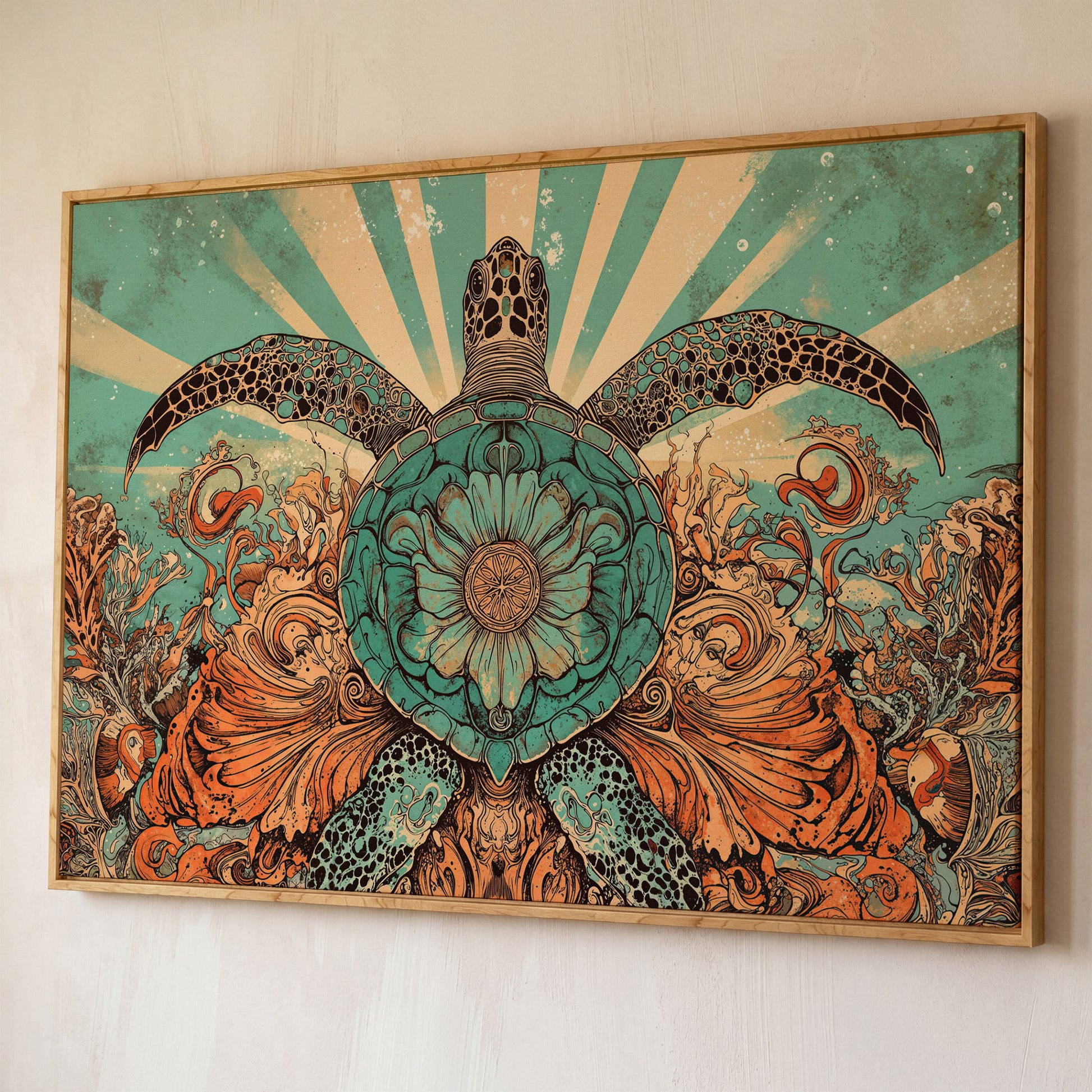 Sea Turtle with Floral Shell Canvas Wall Art, Ocean Life Print shown in white oak floating frame