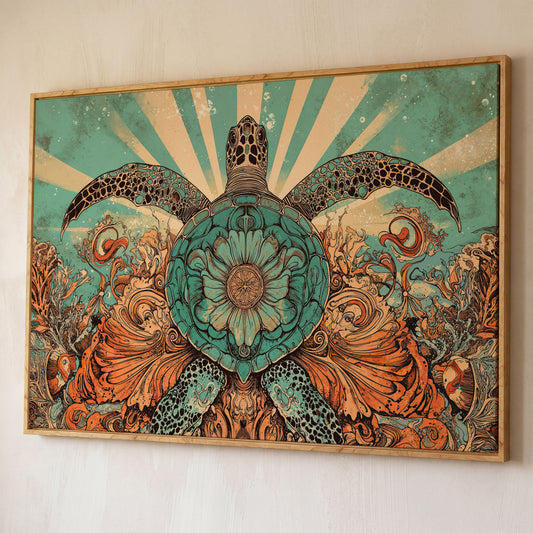 Sea Turtle with Floral Shell Canvas Wall Art, Ocean Life Print shown in white oak floating frame
