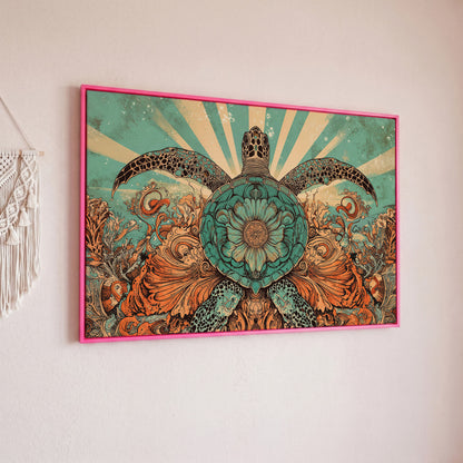 Sea Turtle with Floral Shell Canvas Wall Art, Ocean Life Print in pink floating frame