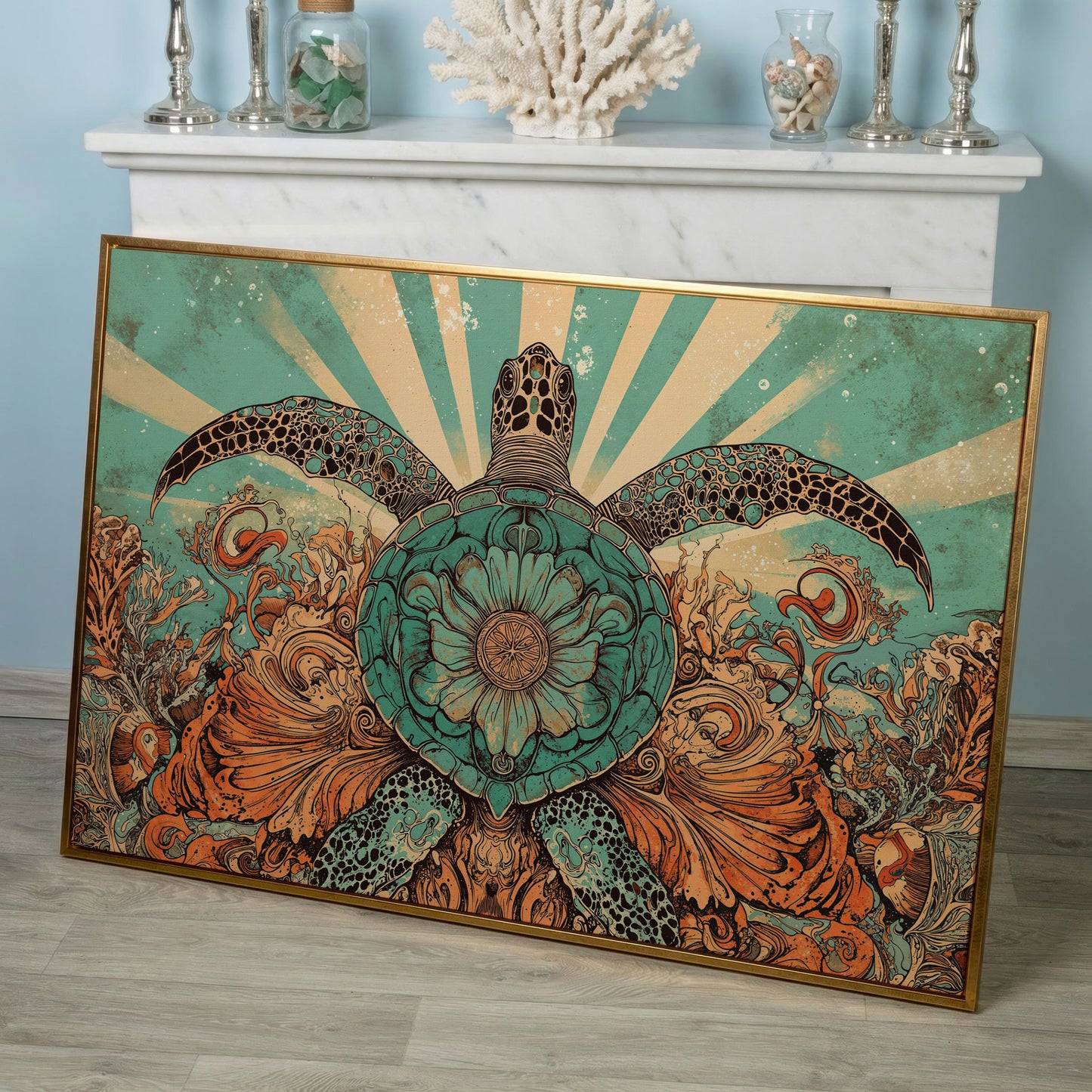 Sea Turtle with Floral Shell Canvas Wall Art, Ocean Life Print in rose gold floating frame