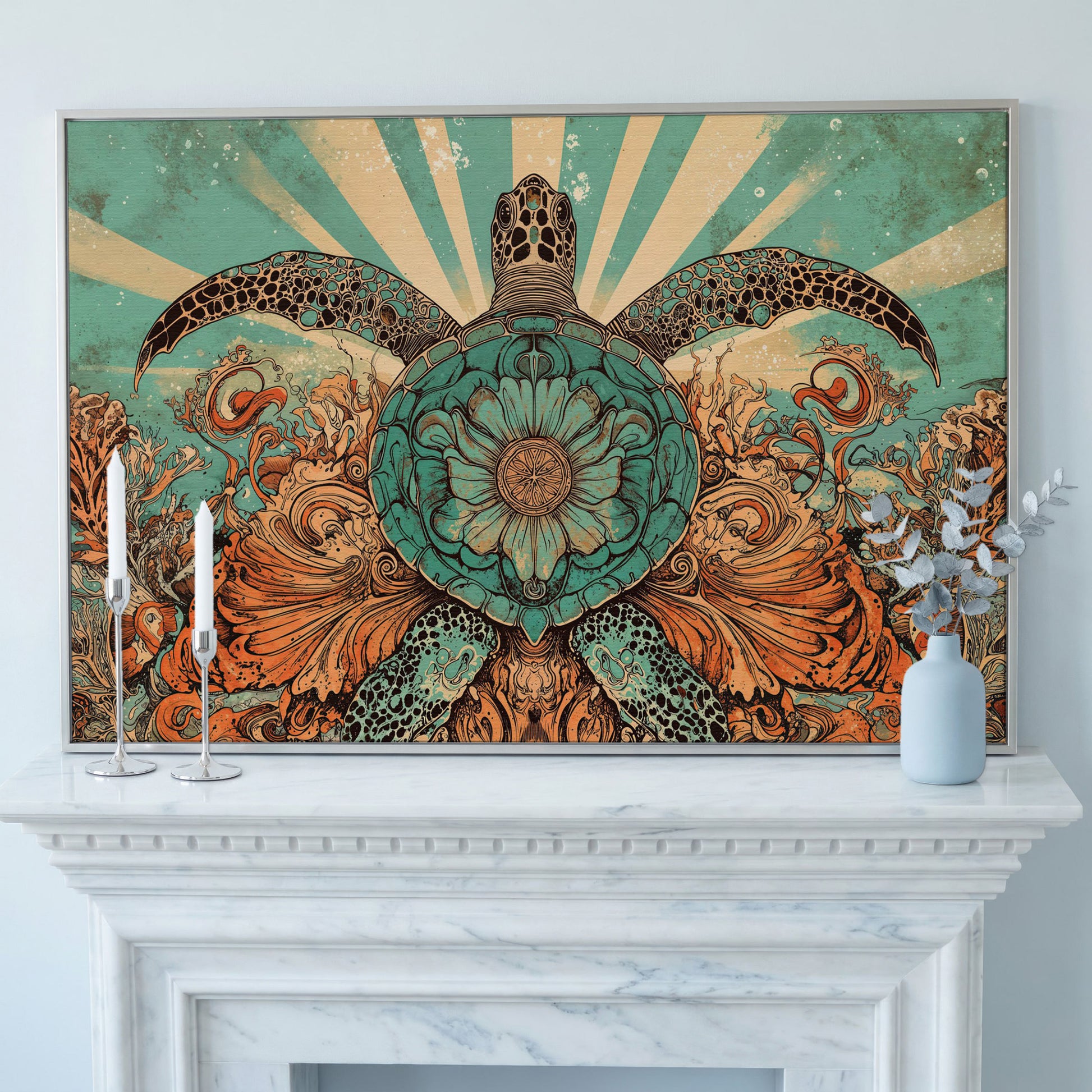 Sea Turtle with Floral Shell Canvas Wall Art, Ocean Life Print in silver floating frame