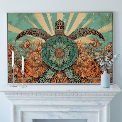 Sea Turtle with Floral Shell Canvas Wall Art, Ocean Life Print in silver floating frame