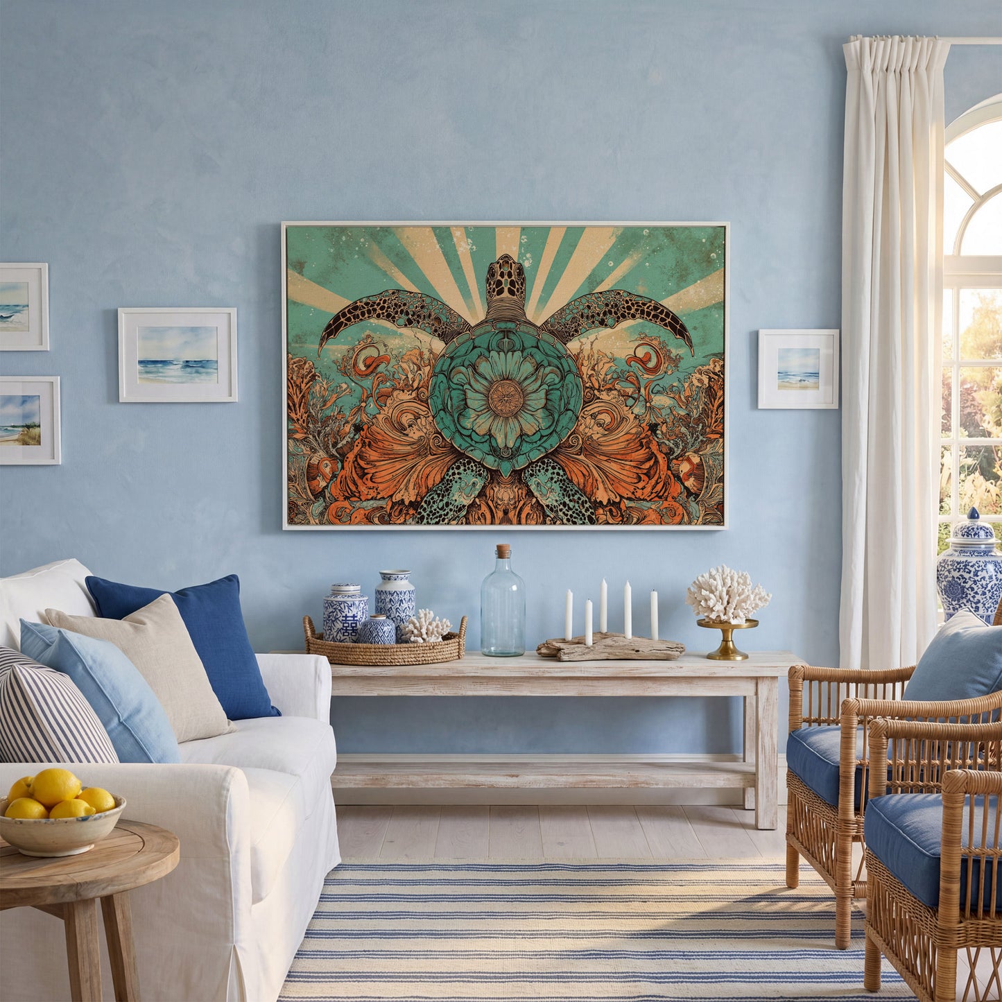 Sea Turtle with Floral Shell Canvas Wall Art, Ocean Life Print in white floating frame