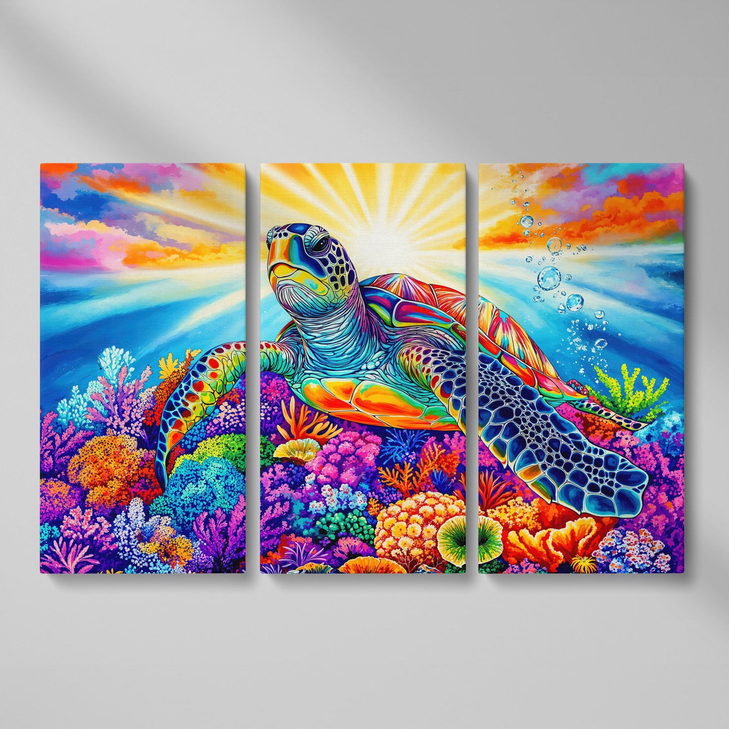 Sea Turtle Over Coral Reef Canvas Wall Art as 3-panel split version