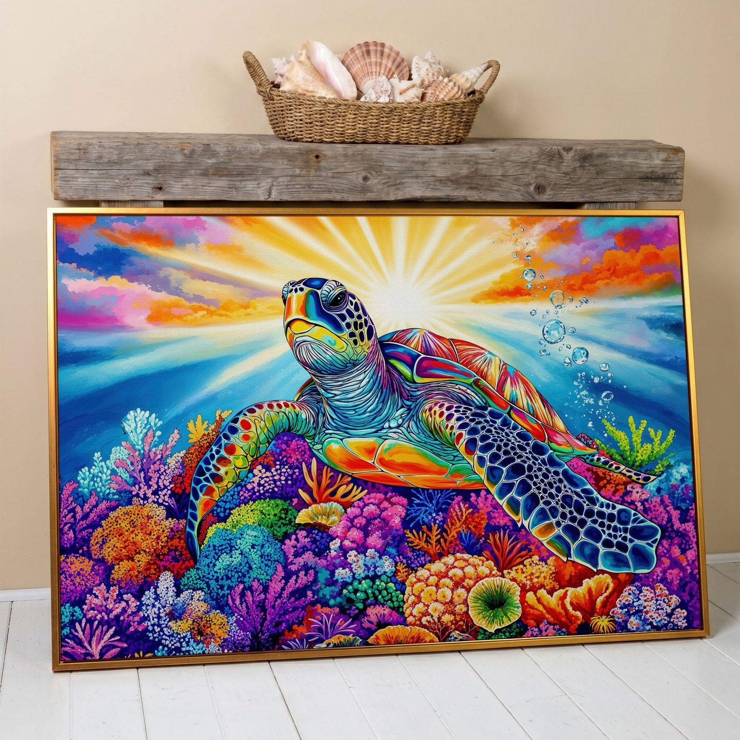 Sea Turtle Over Coral Reef Canvas Wall Art in antique gold floating frame