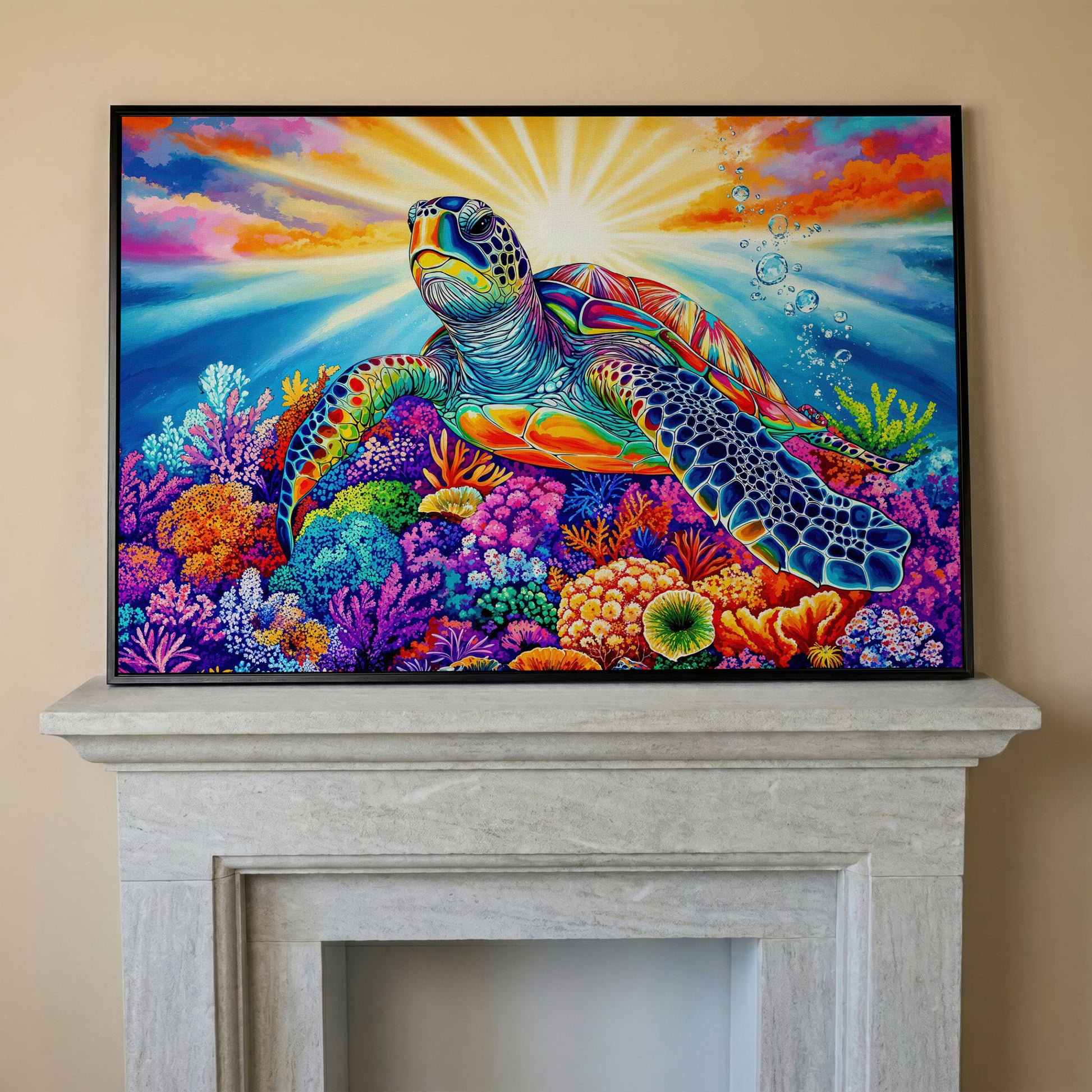 Sea Turtle Over Coral Reef Canvas Wall Art in black floating frame