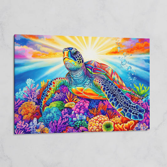 Sea Turtle Over Coral Reef Canvas Wall Art on gallery wrap