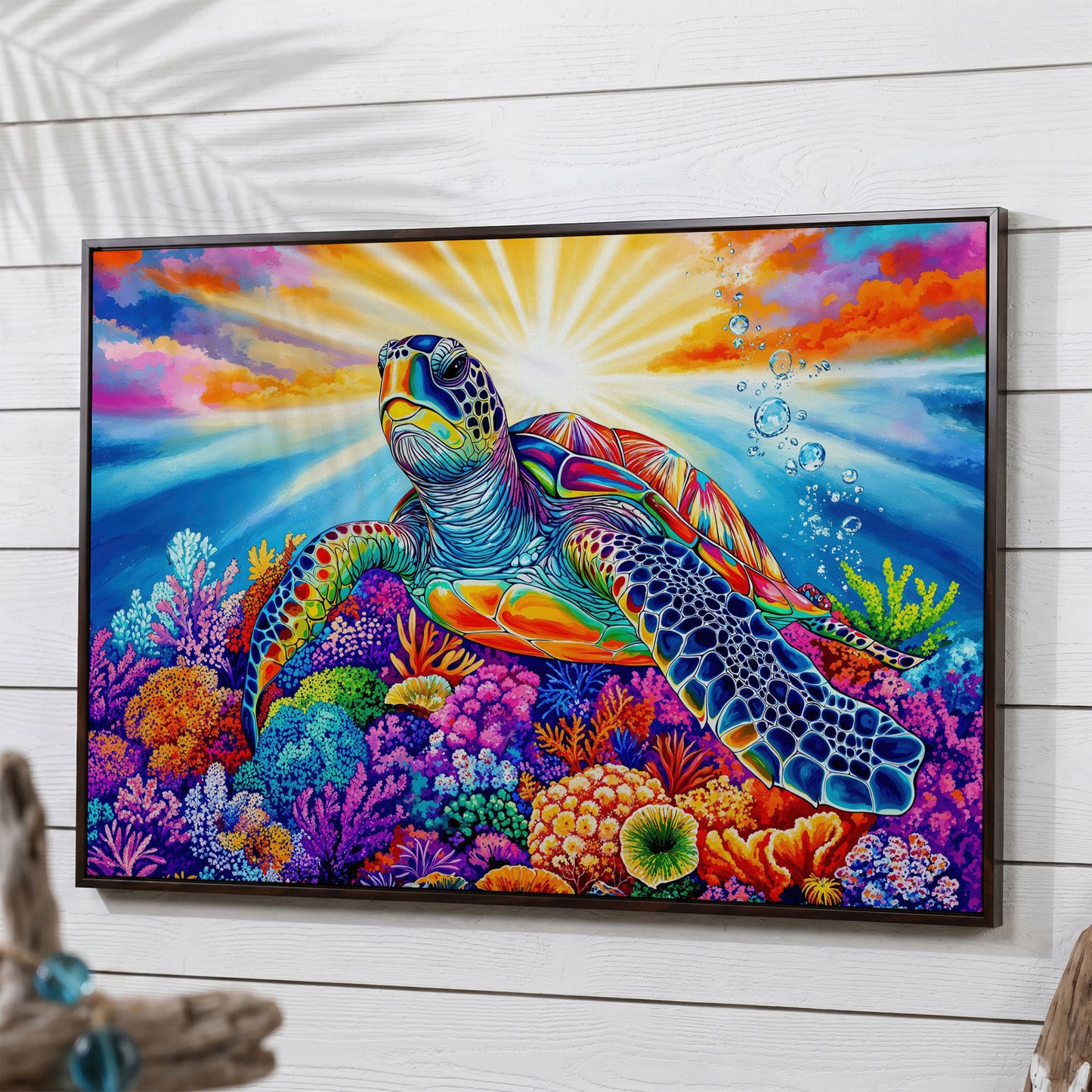 Sea Turtle Over Coral Reef Canvas Wall Art in dark walnut floating frame