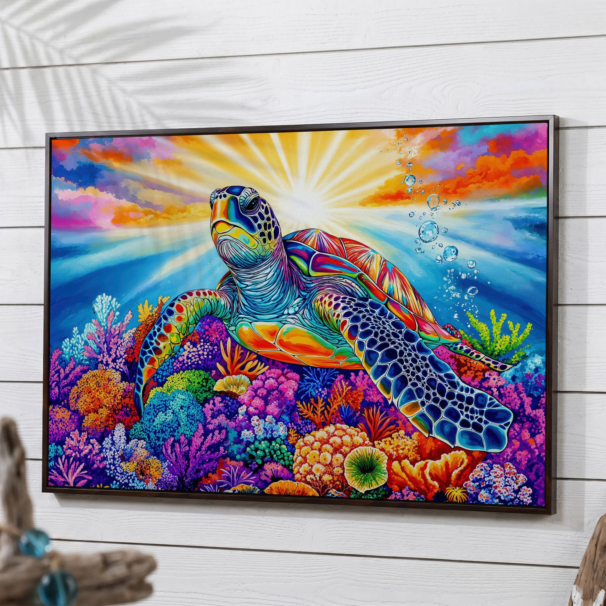 Sea Turtle Over Coral Reef Canvas Wall Art in dark walnut floating frame
