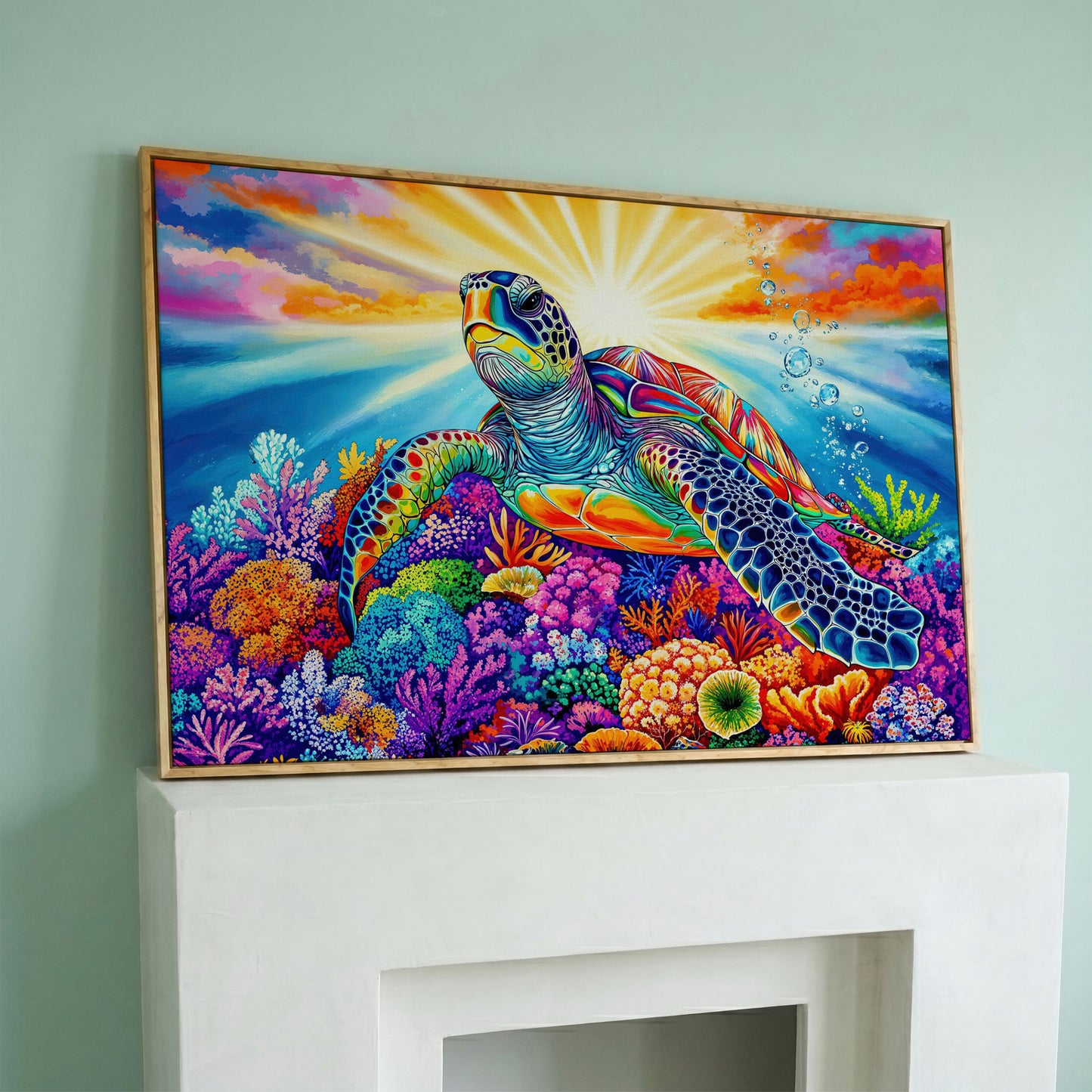Sea Turtle Over Coral Reef Canvas Wall Art in white oak floating frame