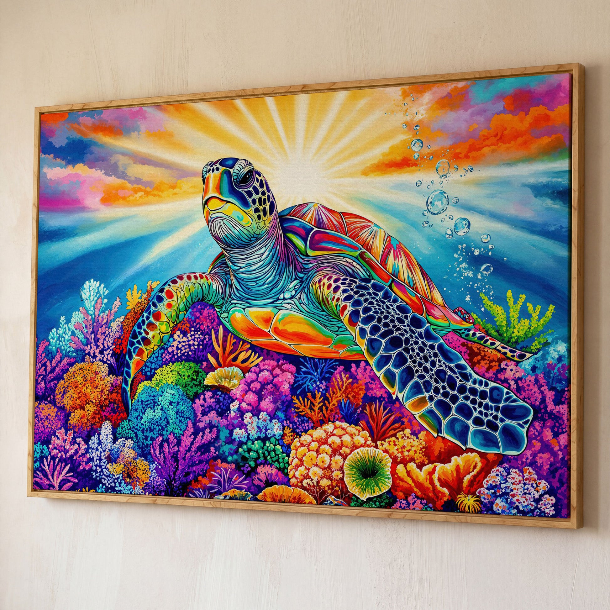 Sea Turtle Over Coral Reef Canvas Wall Art shown in white oak floating frame