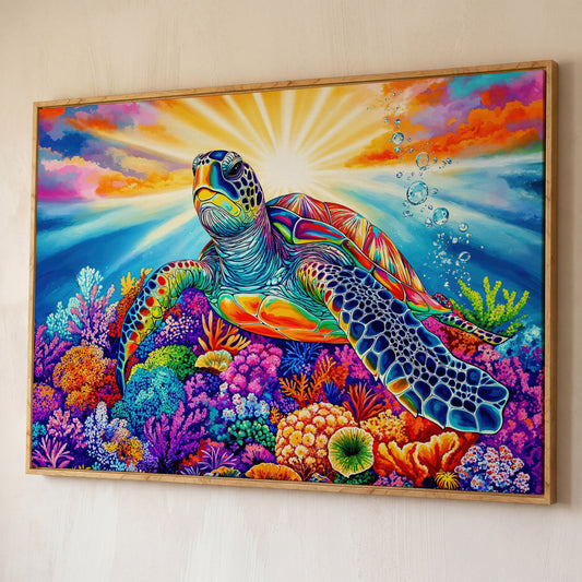 Sea Turtle Over Coral Reef Canvas Wall Art shown in white oak floating frame