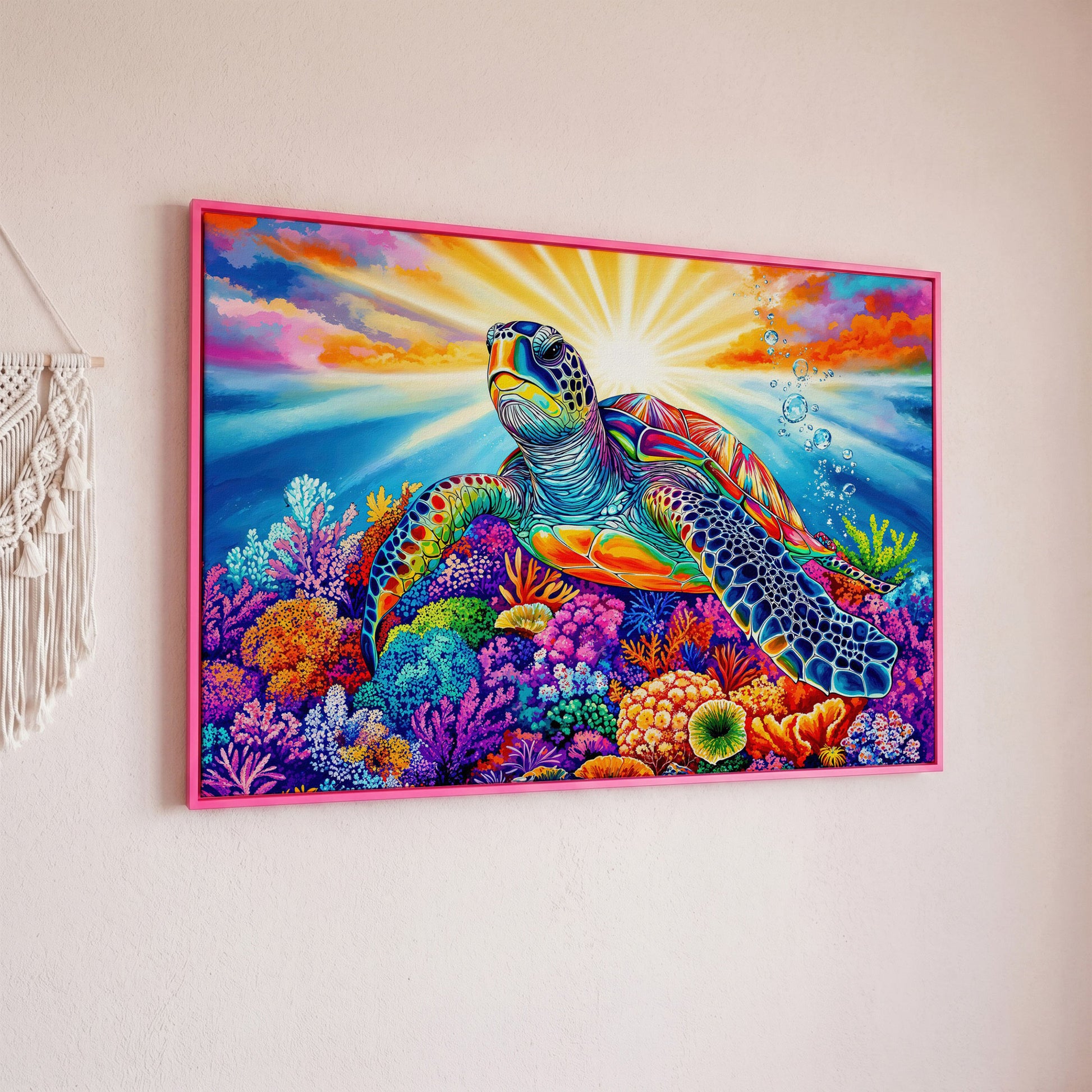 Sea Turtle Over Coral Reef Canvas Wall Art in pink floating frame