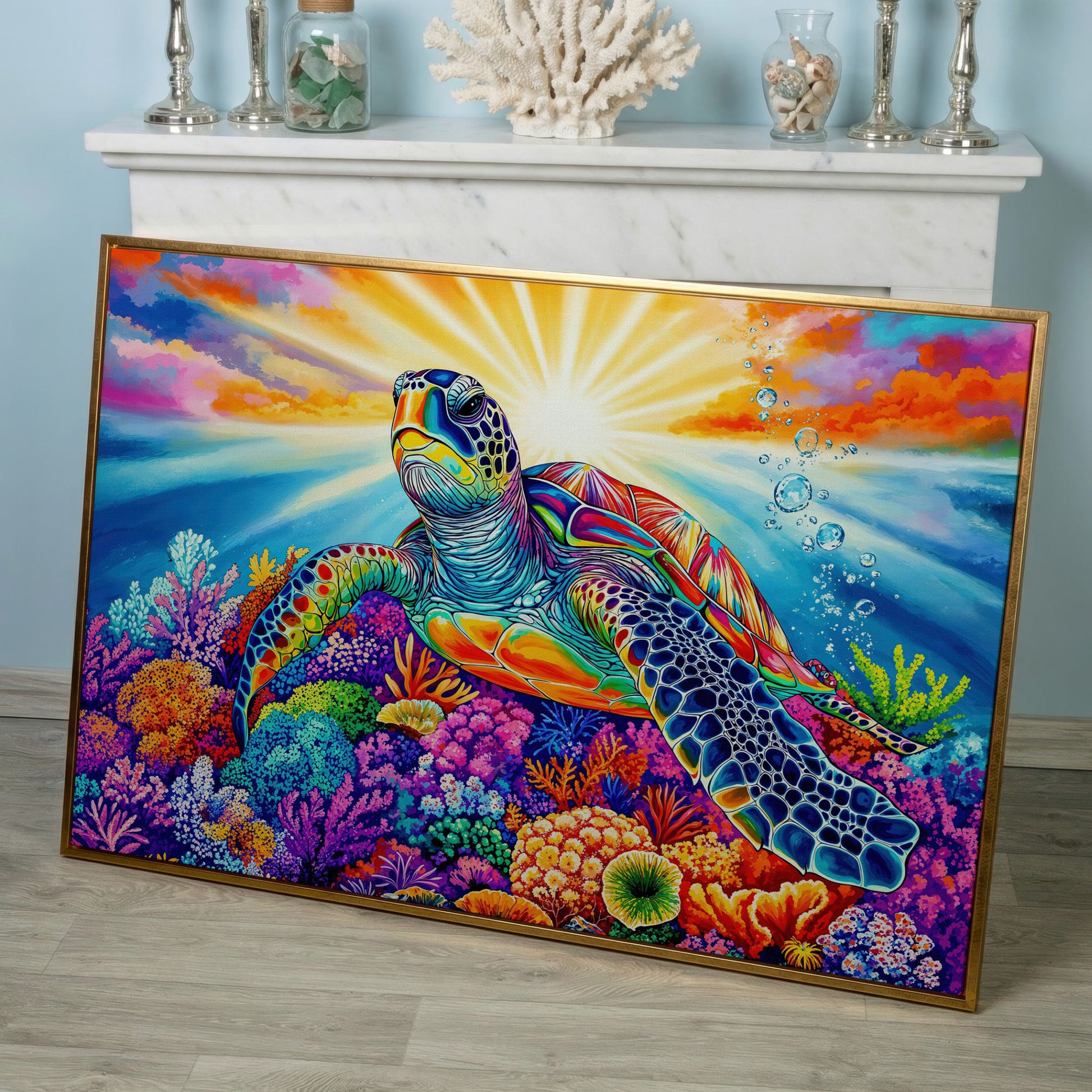 Sea Turtle Over Coral Reef Canvas Wall Art in rose gold floating frame