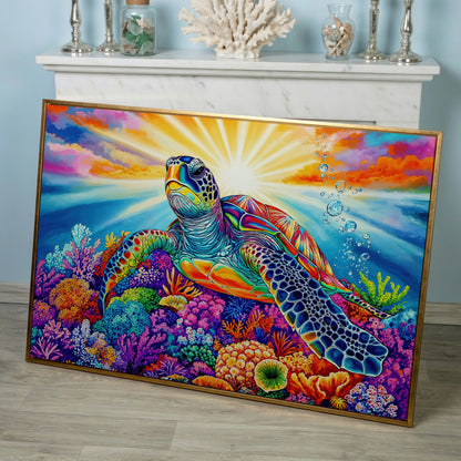 Sea Turtle Over Coral Reef Canvas Wall Art in rose gold floating frame
