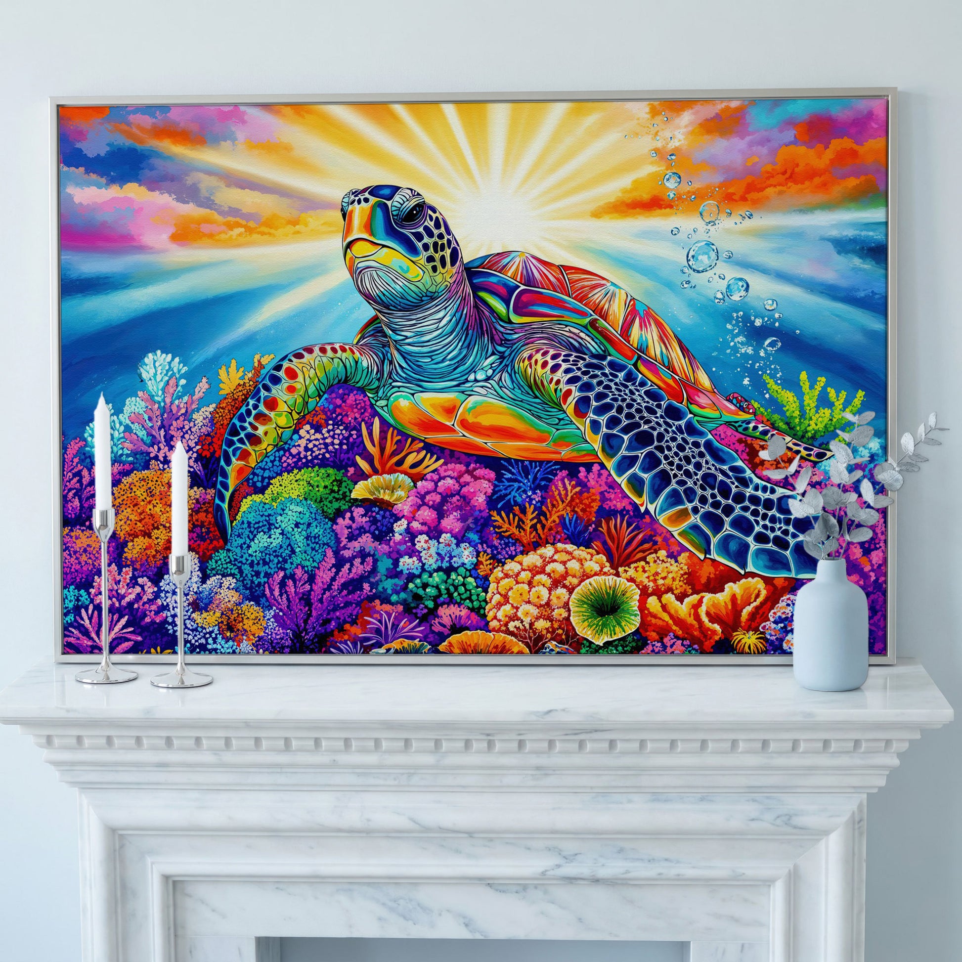 Sea Turtle Over Coral Reef Canvas Wall Art in silver floating frame