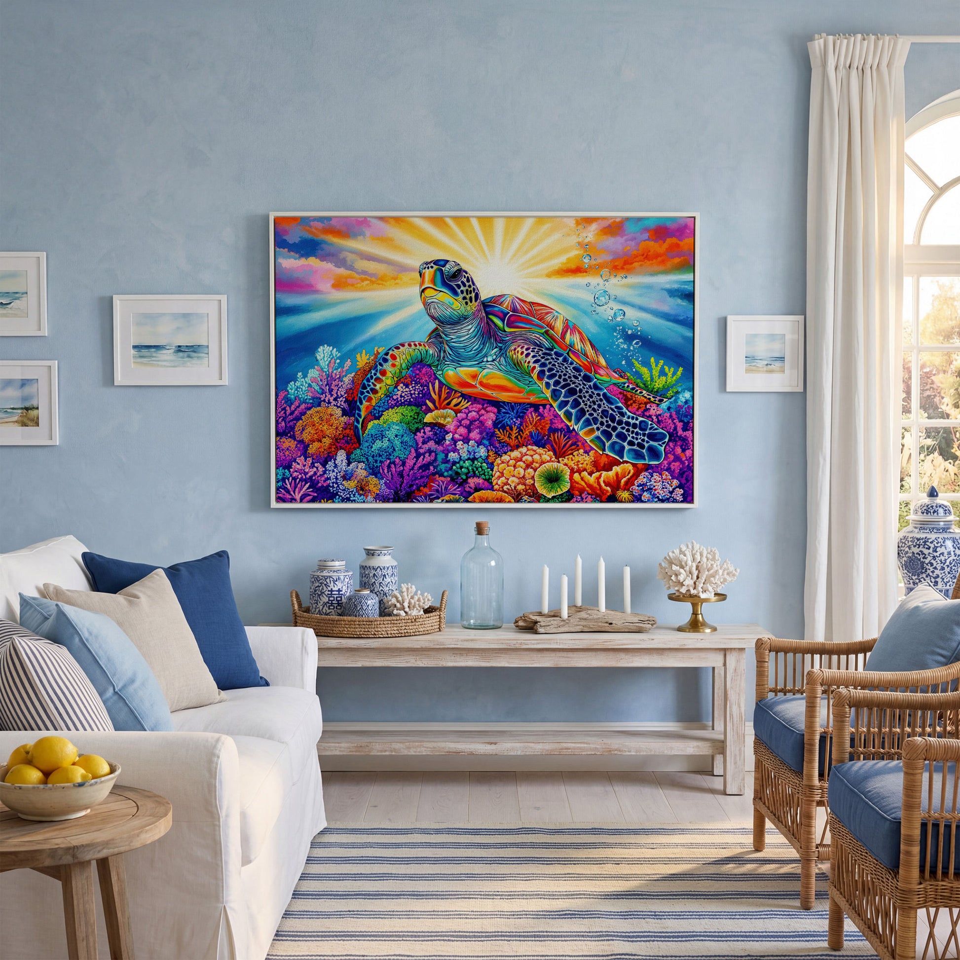 Sea Turtle Over Coral Reef Canvas Wall Art in white floating frame