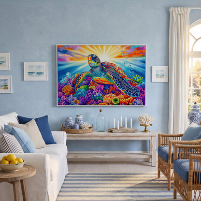 Sea Turtle Over Coral Reef Canvas Wall Art in white floating frame