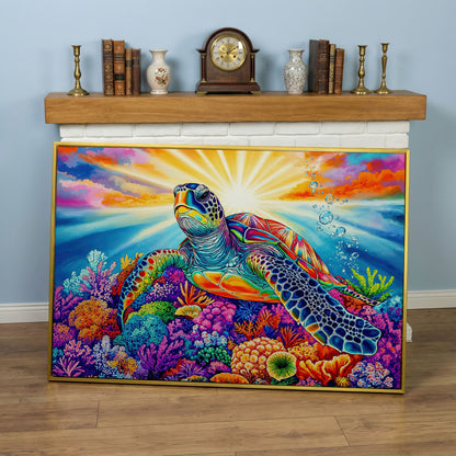Sea Turtle Over Coral Reef Canvas Wall Art in yellow gold floating frame