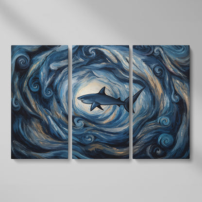 Shark in a Swirling Ocean Current Canvas Wall Art as 3-panel split version