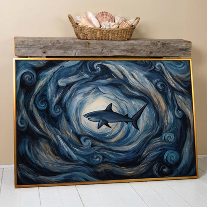 Shark in a Swirling Ocean Current Canvas Wall Art in antique gold floating frame