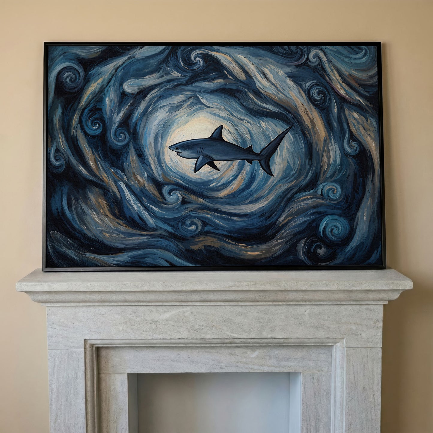 Shark in a Swirling Ocean Current Canvas Wall Art in black floating frame