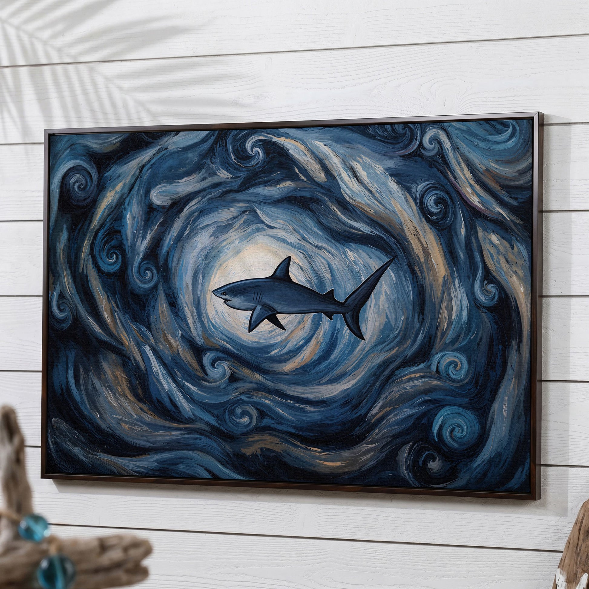 Shark in a Swirling Ocean Current Canvas Wall Art in dark walnut floating frame