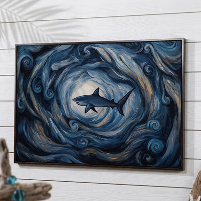 Shark in a Swirling Ocean Current Canvas Wall Art in dark walnut floating frame