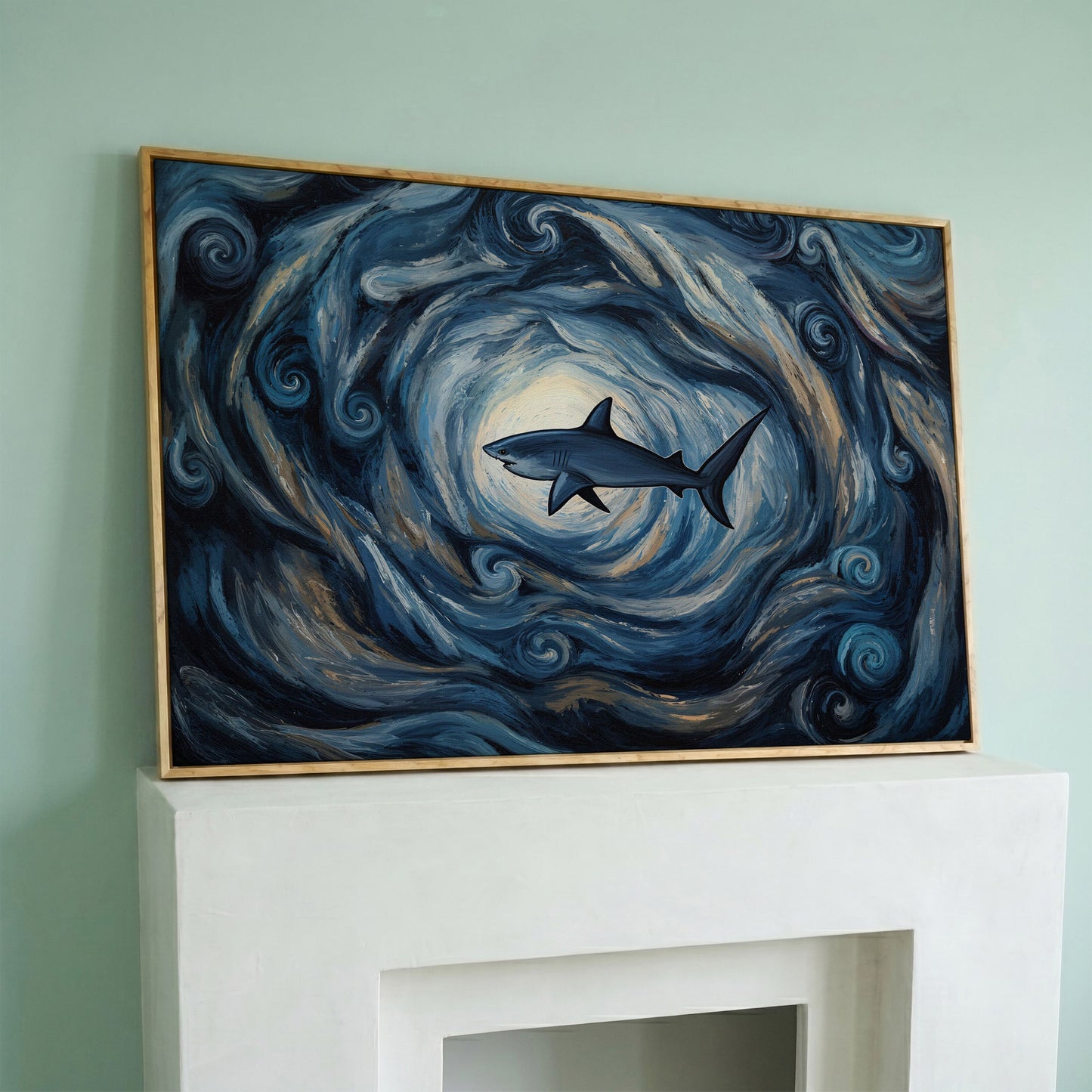 Shark in a Swirling Ocean Current Canvas Wall Art in white oak floating frame