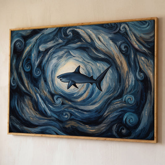 Shark in a Swirling Ocean Current Canvas Wall Art shown in white oak floating frame