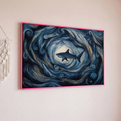 Shark in a Swirling Ocean Current Canvas Wall Art in pink floating frame