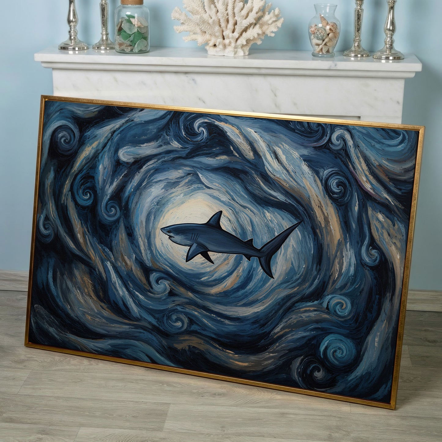 Shark in a Swirling Ocean Current Canvas Wall Art in rose gold floating frame