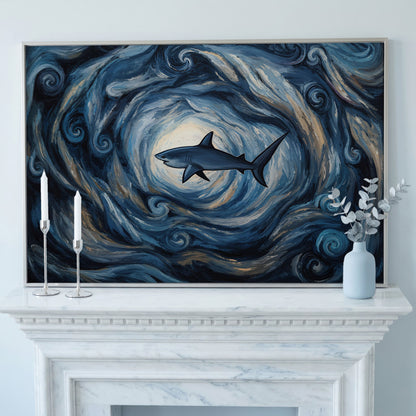 Shark in a Swirling Ocean Current Canvas Wall Art in silver floating frame