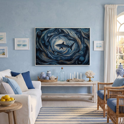 Shark in a Swirling Ocean Current Canvas Wall Art in white floating frame