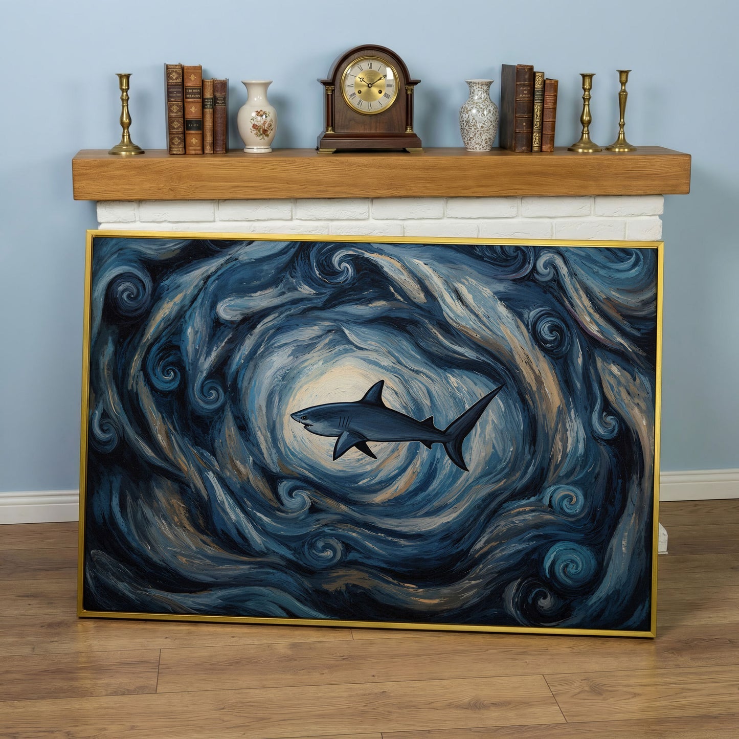Shark in a Swirling Ocean Current Canvas Wall Art in yellow gold floating frame