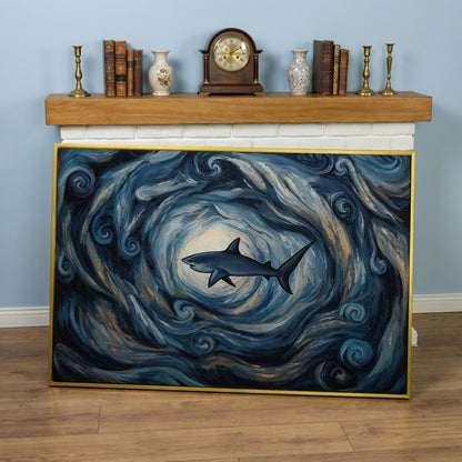 Shark in a Swirling Ocean Current Canvas Wall Art in yellow gold floating frame