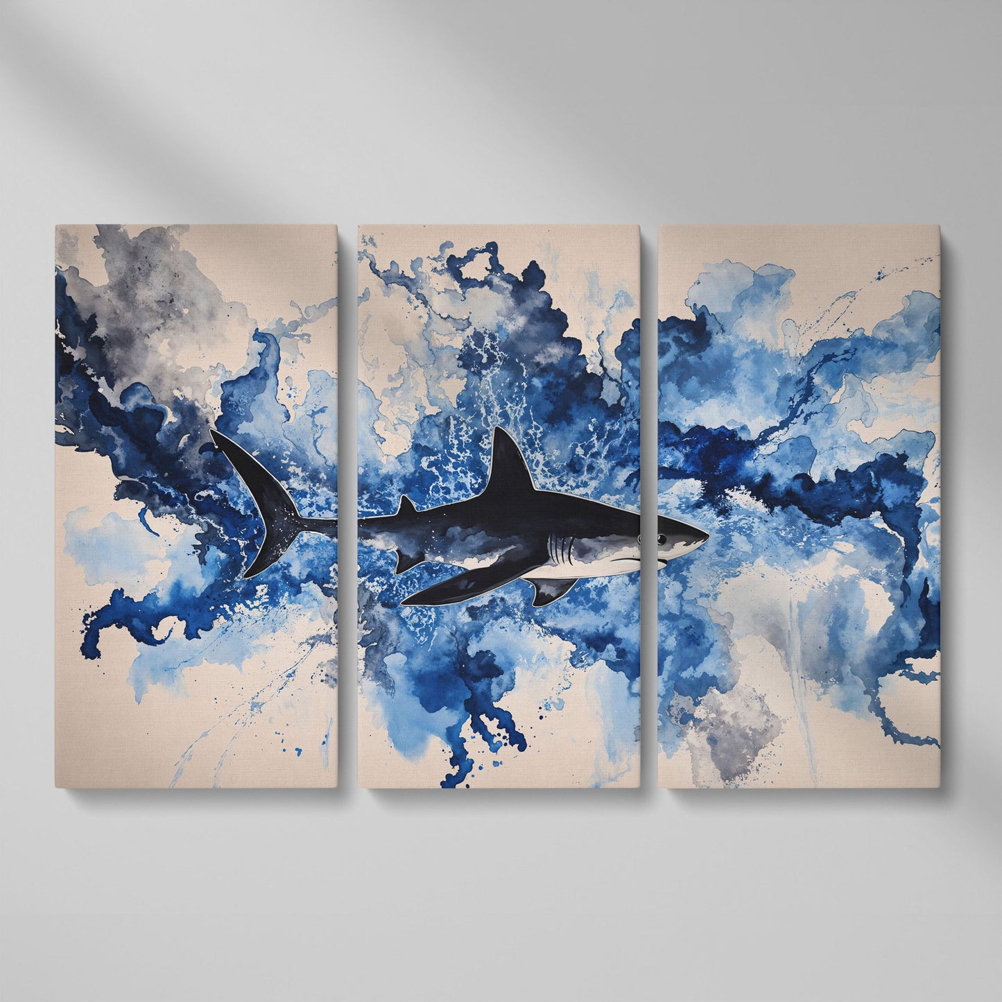 Great White Shark Watercolor Canvas Art, Ocean Wildlife Print as 3-panel split version