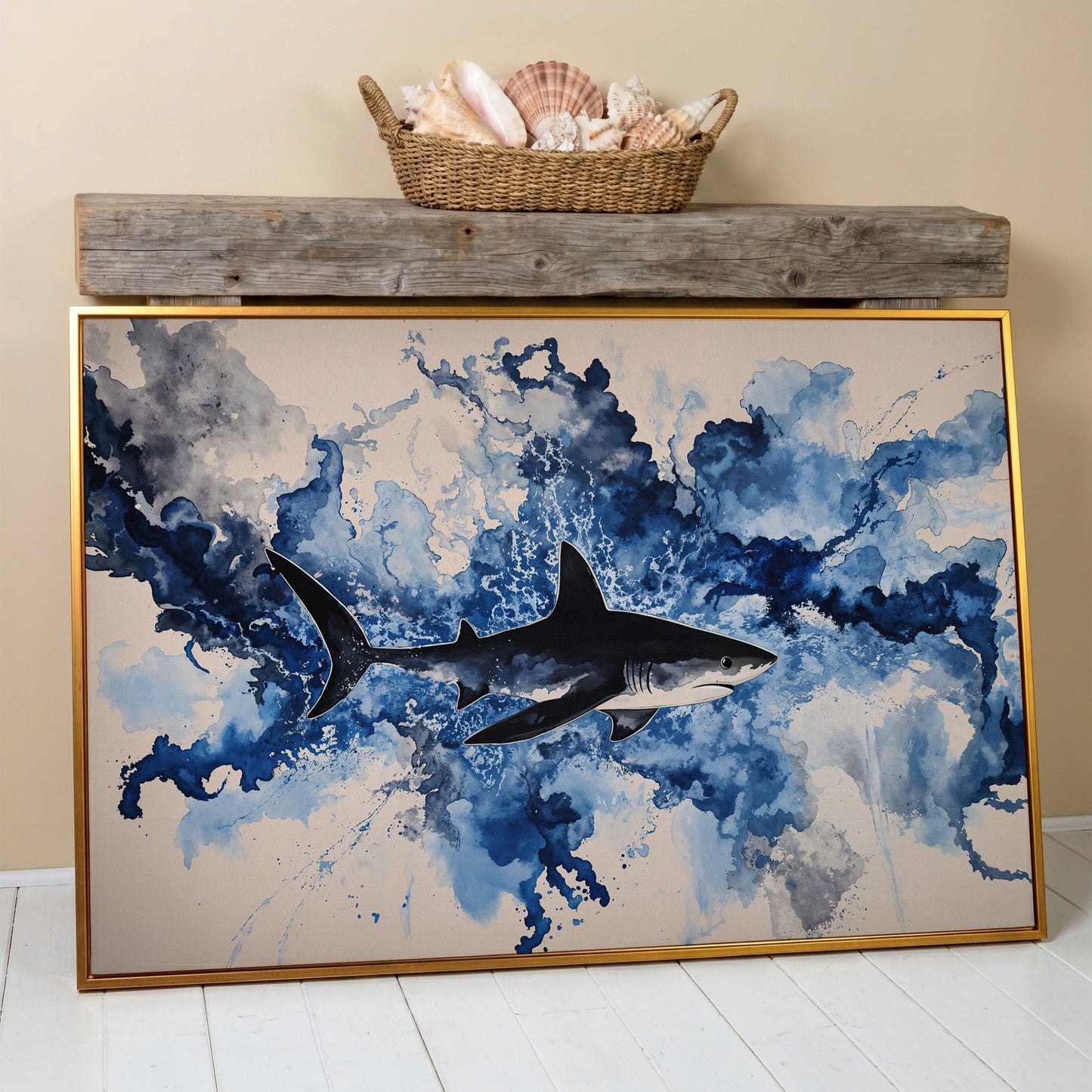 Great White Shark Watercolor Canvas Art, Ocean Wildlife Print in antique gold floating frame