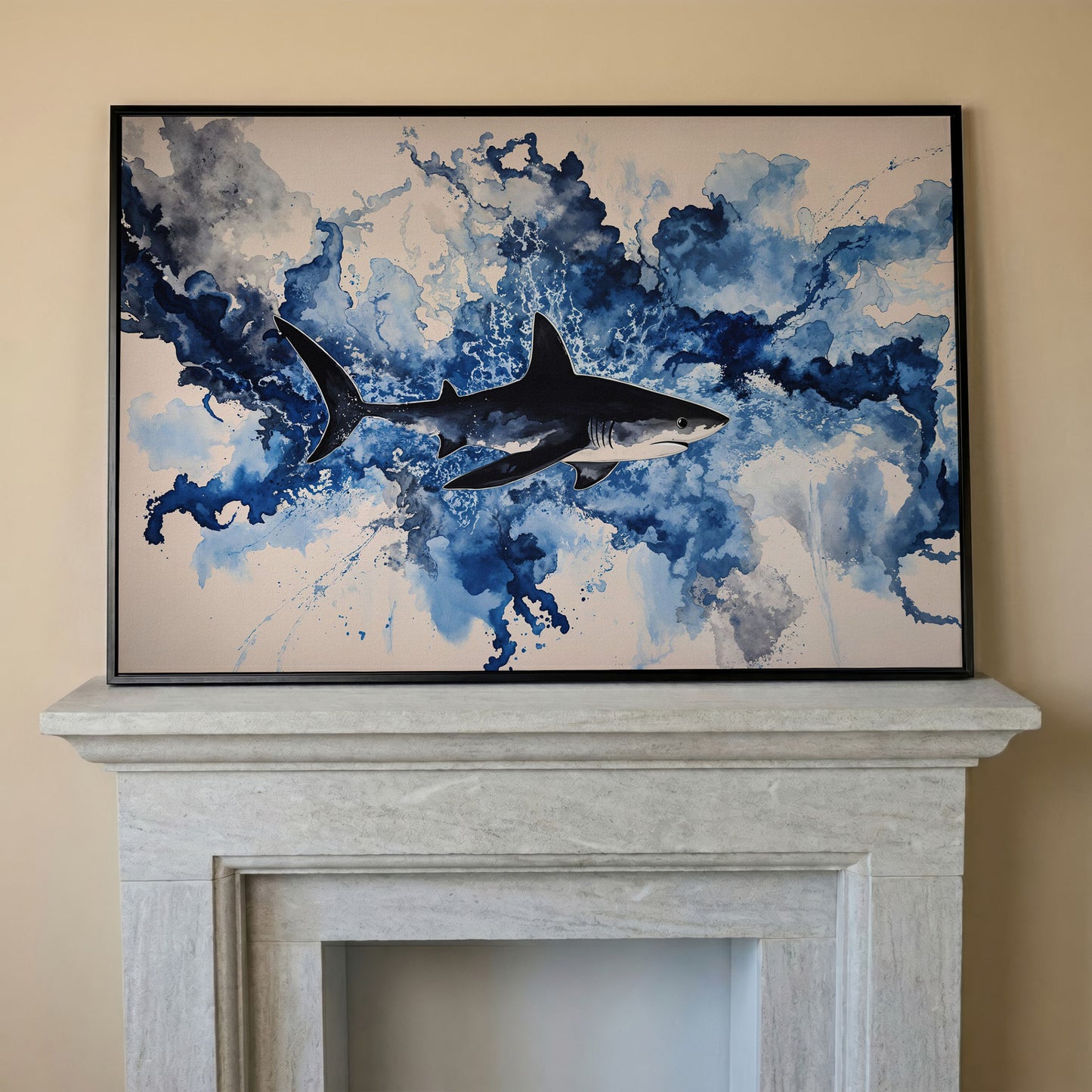 Great White Shark Watercolor Canvas Art, Ocean Wildlife Print in black floating frame
