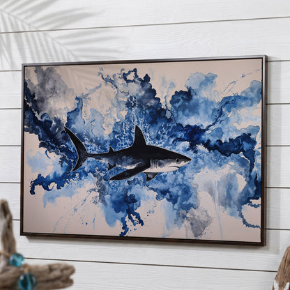 Great White Shark Watercolor Canvas Art, Ocean Wildlife Print in dark walnut floating frame