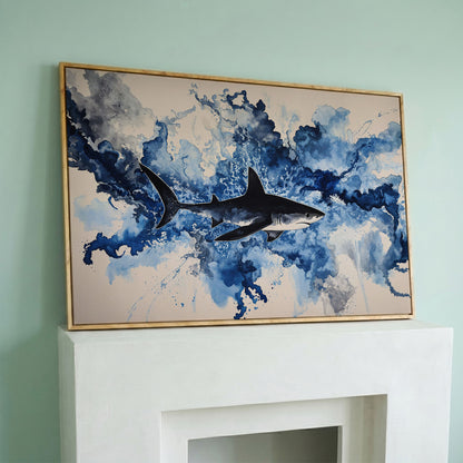 Great White Shark Watercolor Canvas Art, Ocean Wildlife Print in white oak floating frame