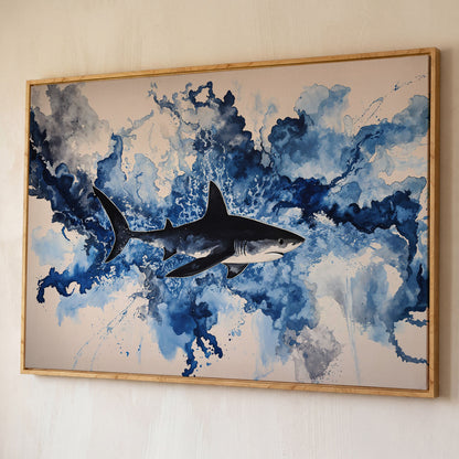 Great White Shark Watercolor Canvas Art, Ocean Wildlife Print shown in white oak floating frame