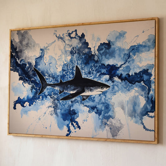 Great White Shark Watercolor Canvas Art, Ocean Wildlife Print shown in white oak floating frame